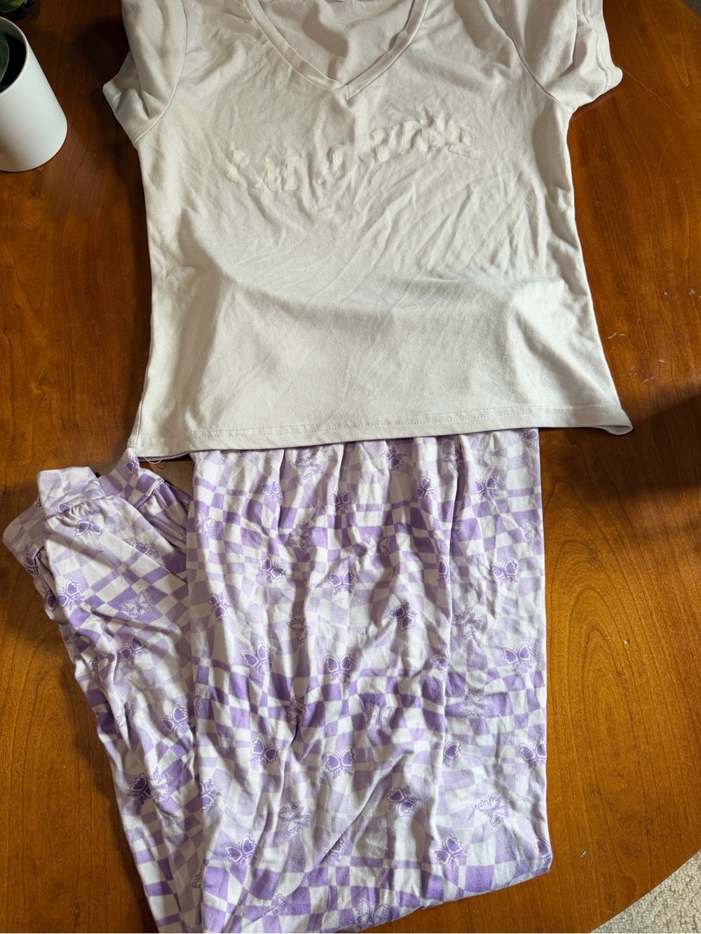 Fashion Nova White V-Neck Short Sleeve Top with Lavender Check Pajama Pants